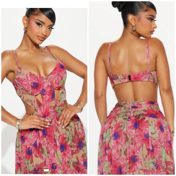 Fashion Nova Size M Floral Cut Out Maxi Dress Pink Green NWT - Picture 10 of 10
